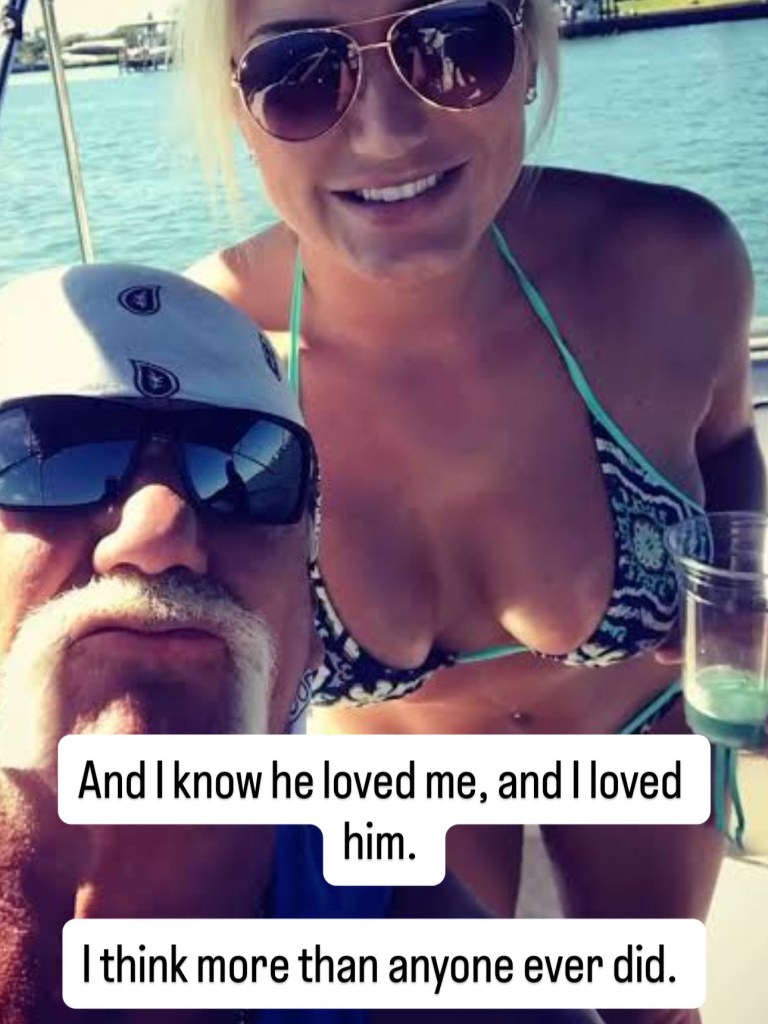 Brooke Hogan posing with Hulk Hogan, with text overlay from Brooke Hogan.