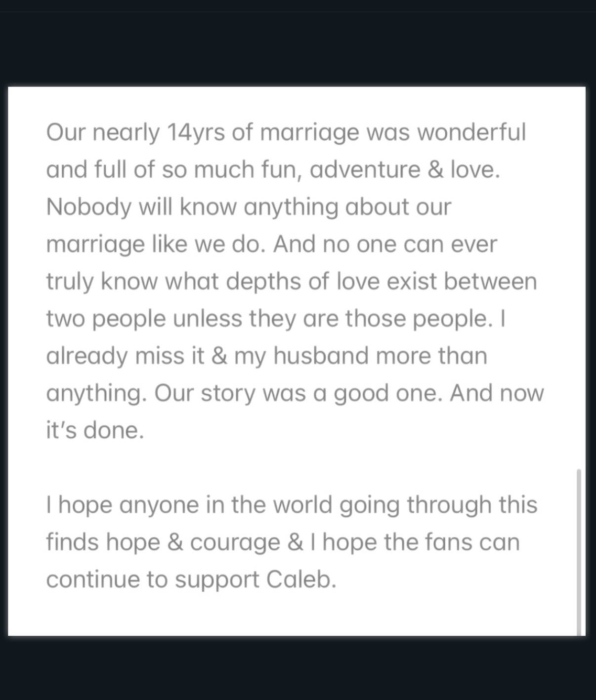 A statement from Caleb Shomo's wife about their 14-year marriage and supporting Caleb.