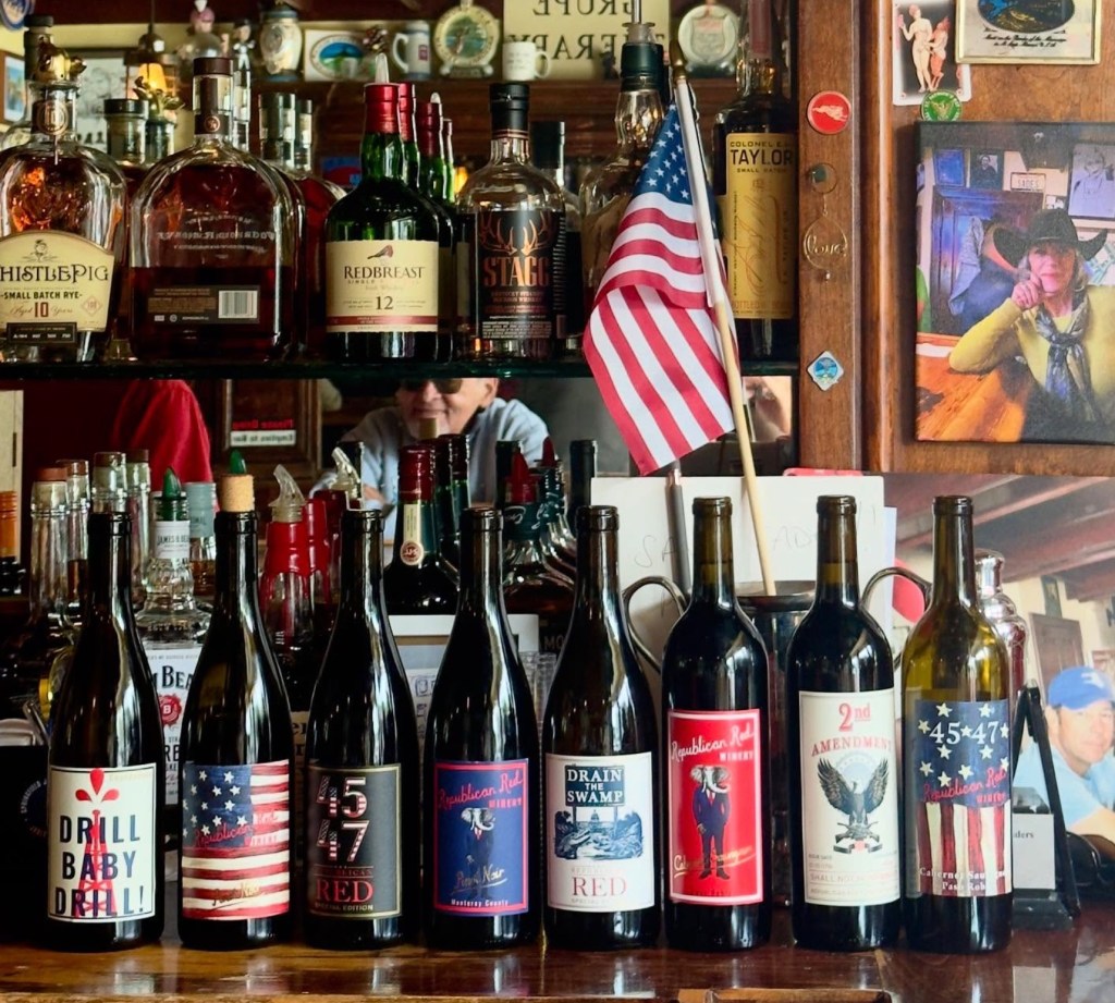 Bottles of wine from Republican Red Winery, featuring political themes such as 