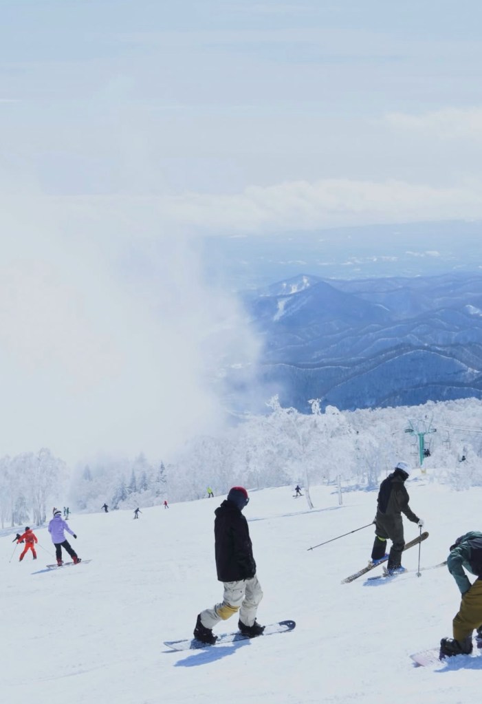Skiers and snowboarders on a snowy mountain with a cloudy sky and distant peaks.