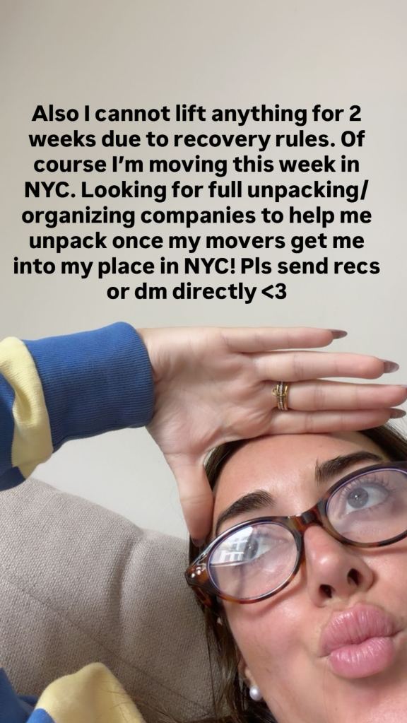 A person with glasses and a blue and yellow sleeve holds a hand to their forehead, with text overlaid describing their need for unpacking and organizing companies in NYC due to recovery restrictions.
