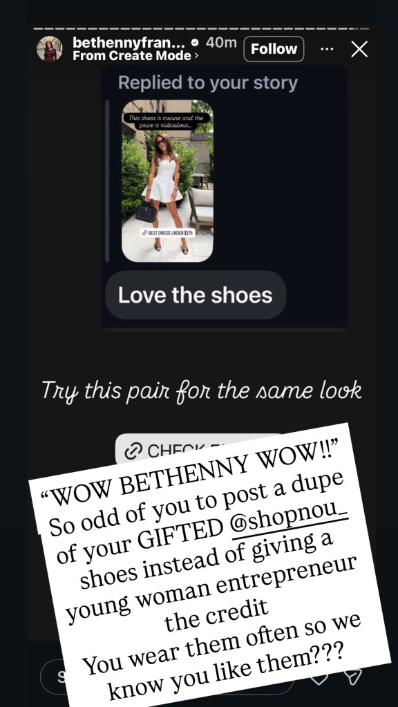 Instagram story showing a post from bethennyfran... with a woman in a white polka-dot dress and text about