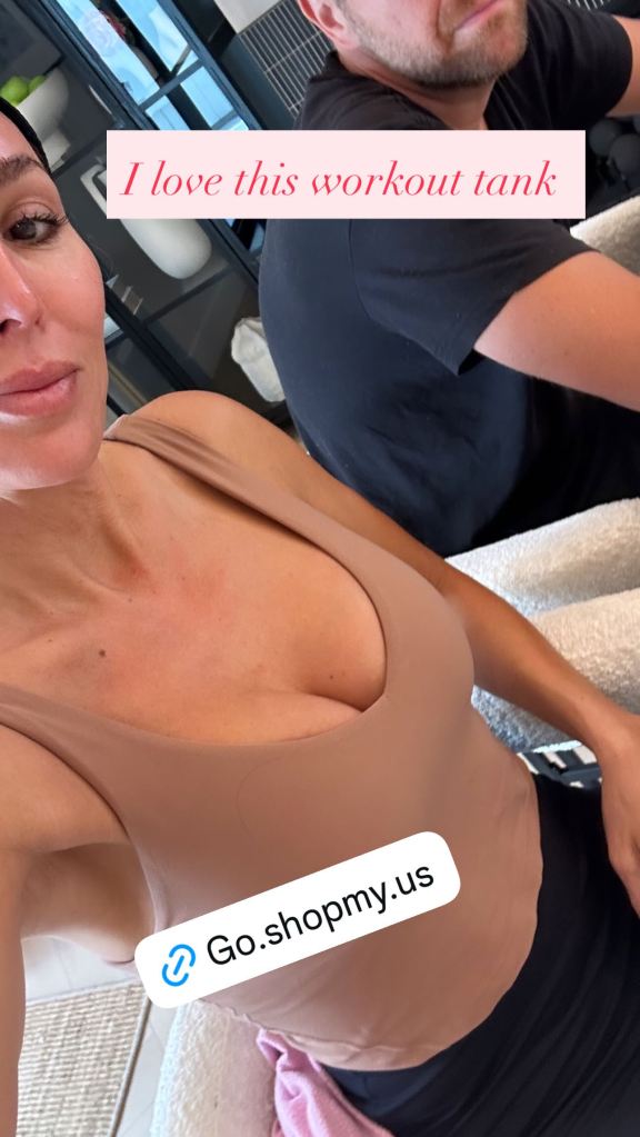 Woman in a nude-colored tank top with 