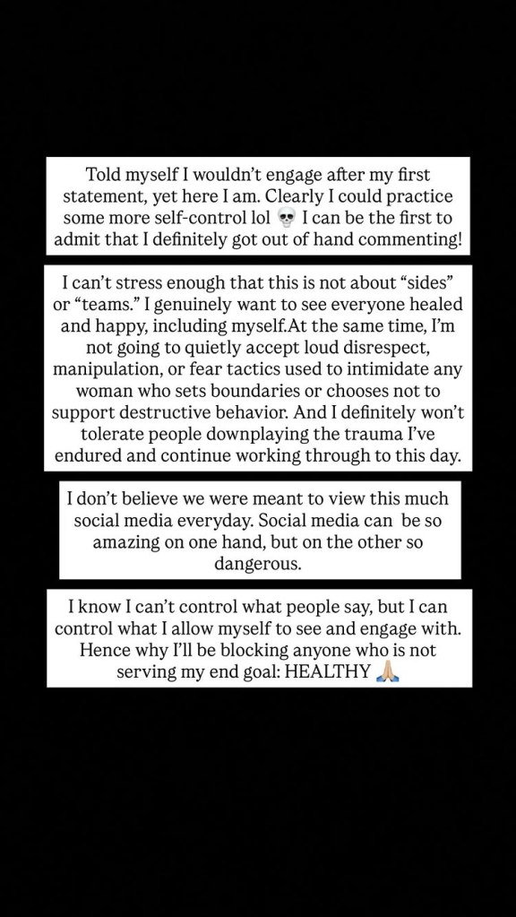 Text on a black background from Mikayla Matthews explaining her decision to block users who are not supporting her goal of being healthy.
