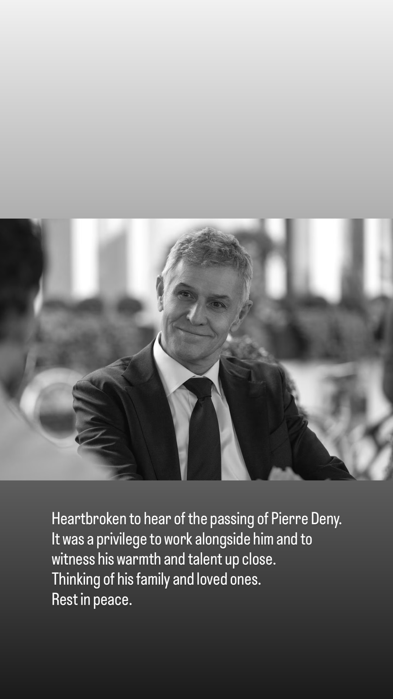 Black and white photo of Pierre Deny smiling, with text overlay mourning his passing.