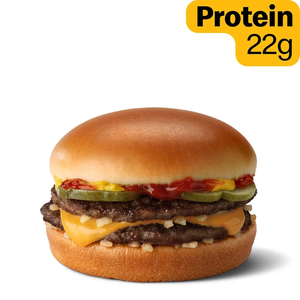 McDonald's McDouble, a double cheeseburger with pickles, onions, ketchup, and mustard, containing 22g of protein.