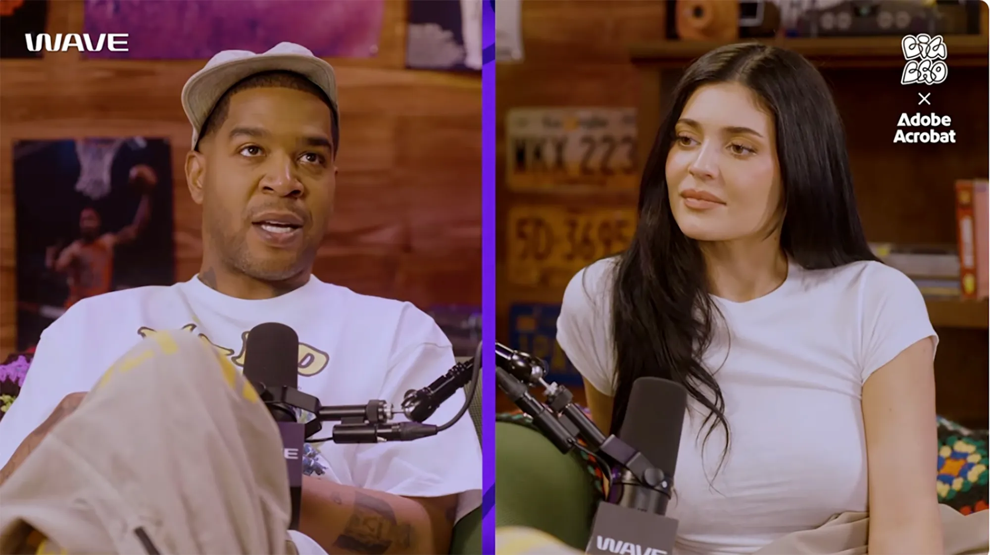 Kid Cudi and Kylie Jenner speaking into microphones.