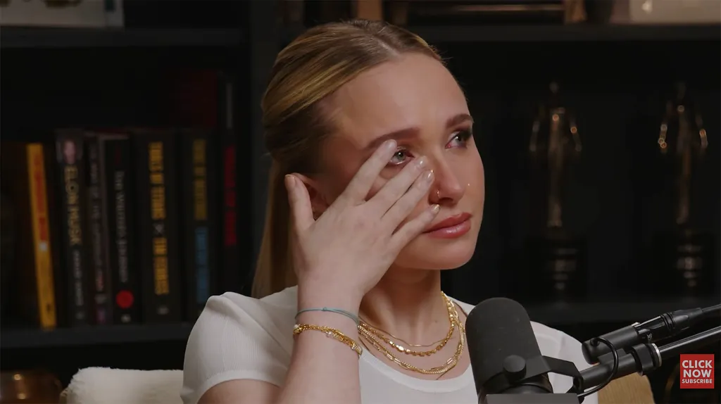 Hayden Panettiere wiping away tears during a podcast interview.