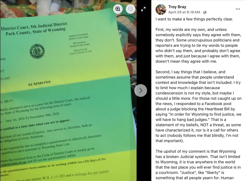 A green jury summons and a Facebook post by Troy Bray explaining his comment, 