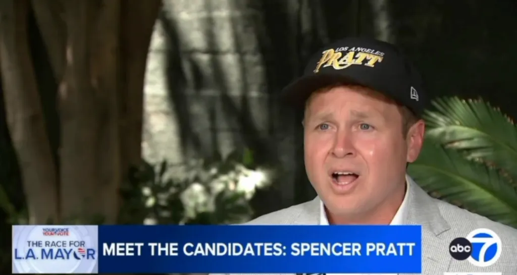 Spencer Pratt giving an interview on his homeless plan, with a lower-third graphic reading 