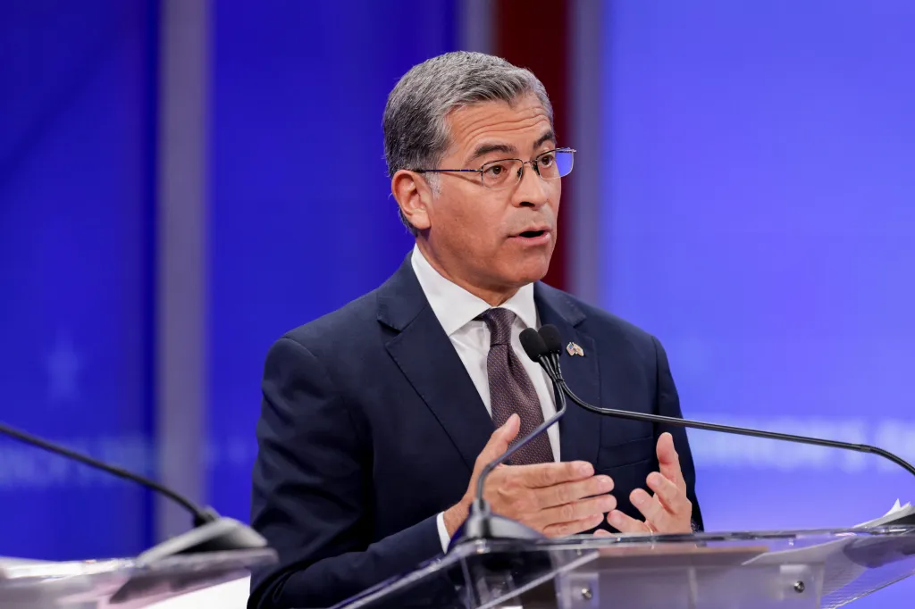 Xavier Becerra speaking at a gubernatorial debate in San Francisco.