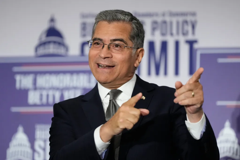 Xavier Becerra speaking at a gubernatorial candidate forum.