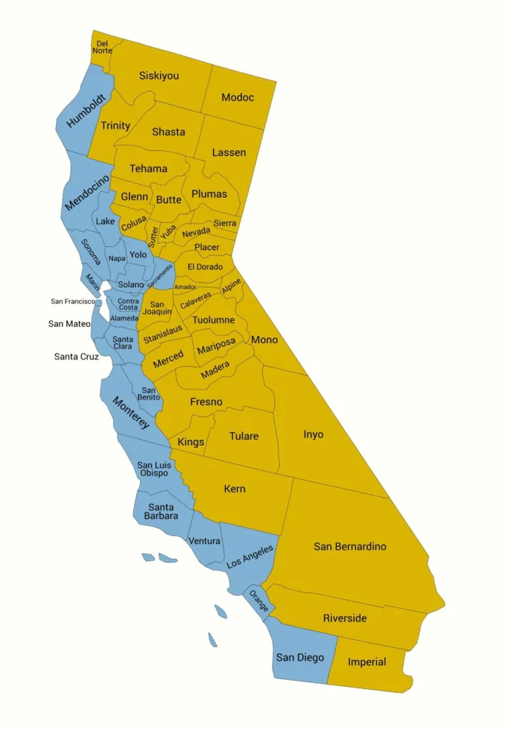 Map of California with counties in yellow potentially splitting off from the rest of the state in blue, per Gallagher's proposal.