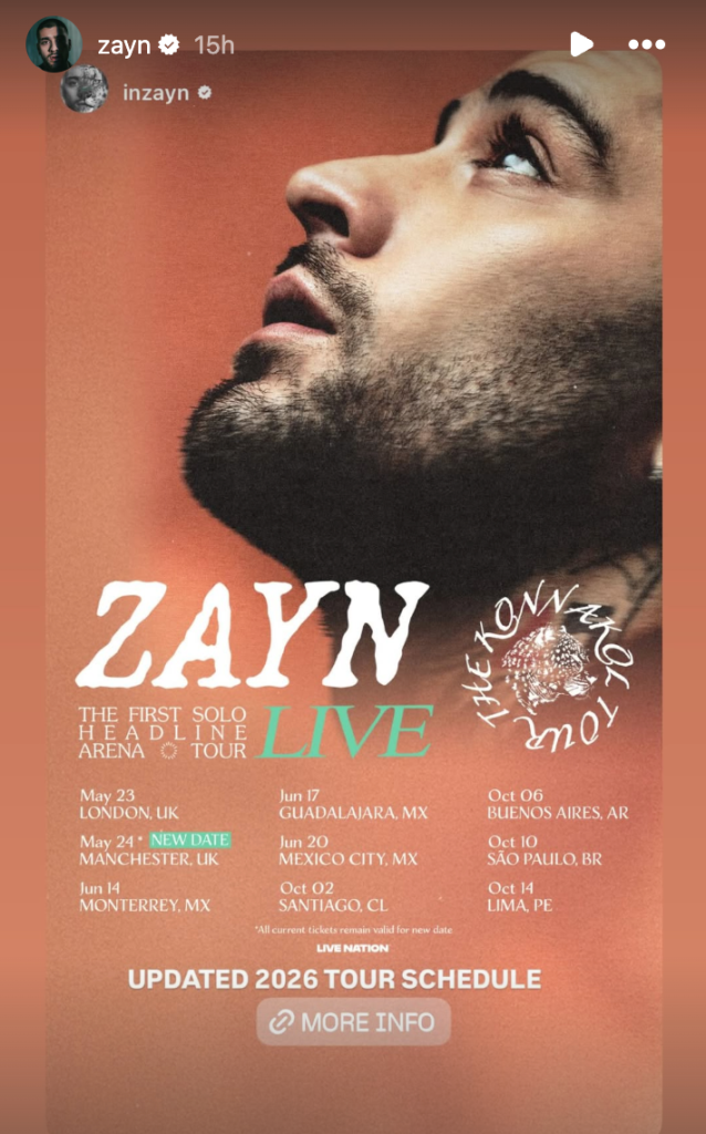 Zayn Malik tour announcement for 2026.