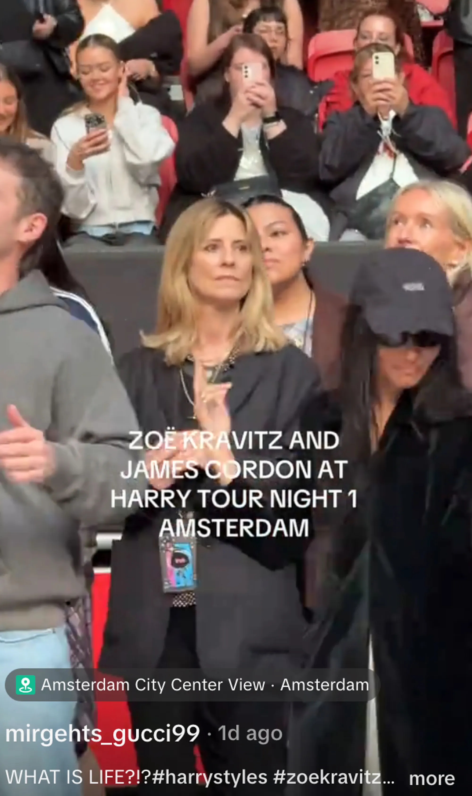 Zoe Kravitz and James Corden attending a Harry Styles concert in Amsterdam.