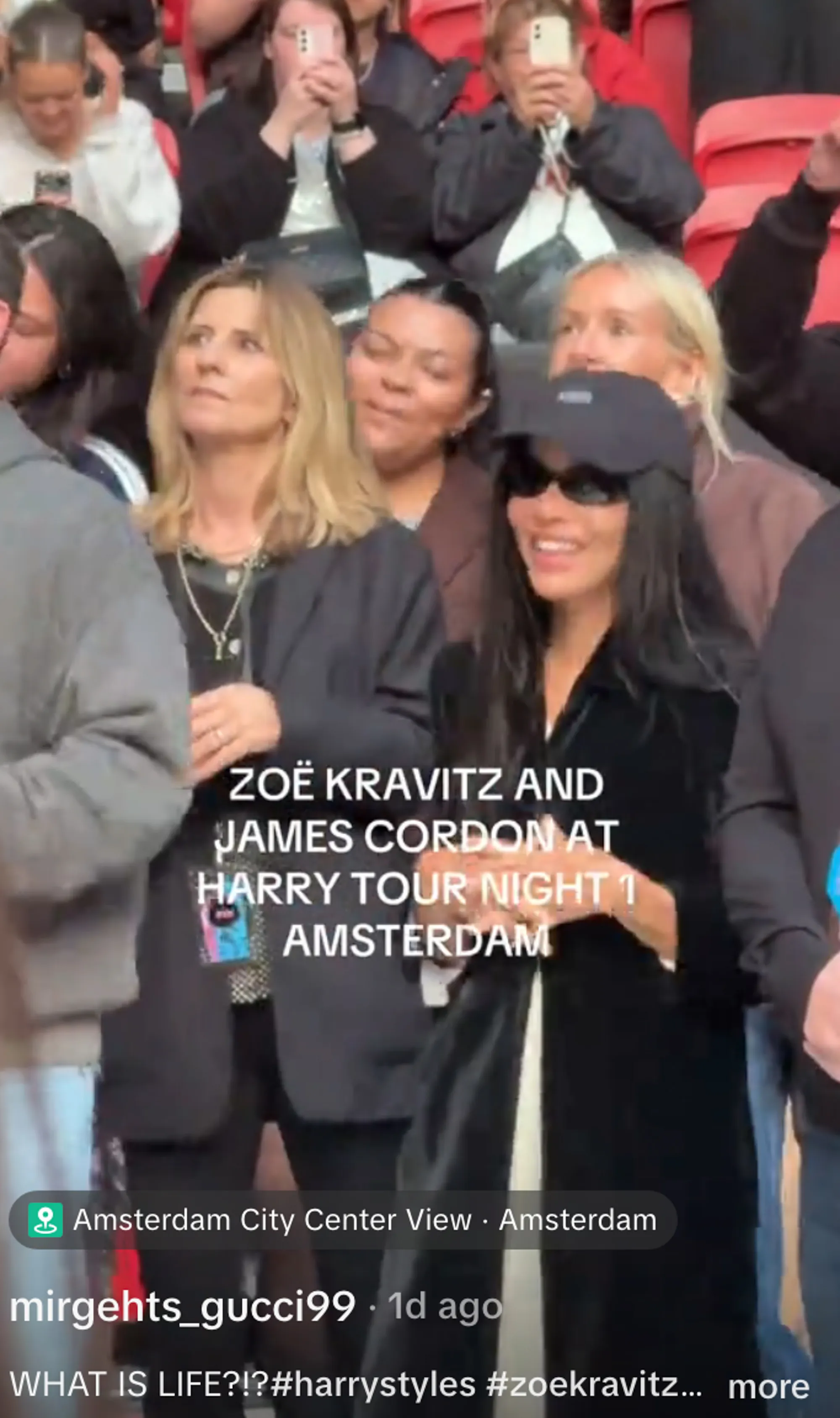 Zoe Kravitz in sunglasses and a baseball cap smiling at a concert.