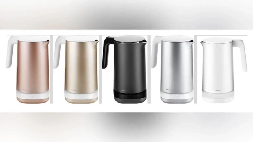 Collage of Zwilling Enfinigy electric kettles in rose gold, champagne, black, silver, and white.