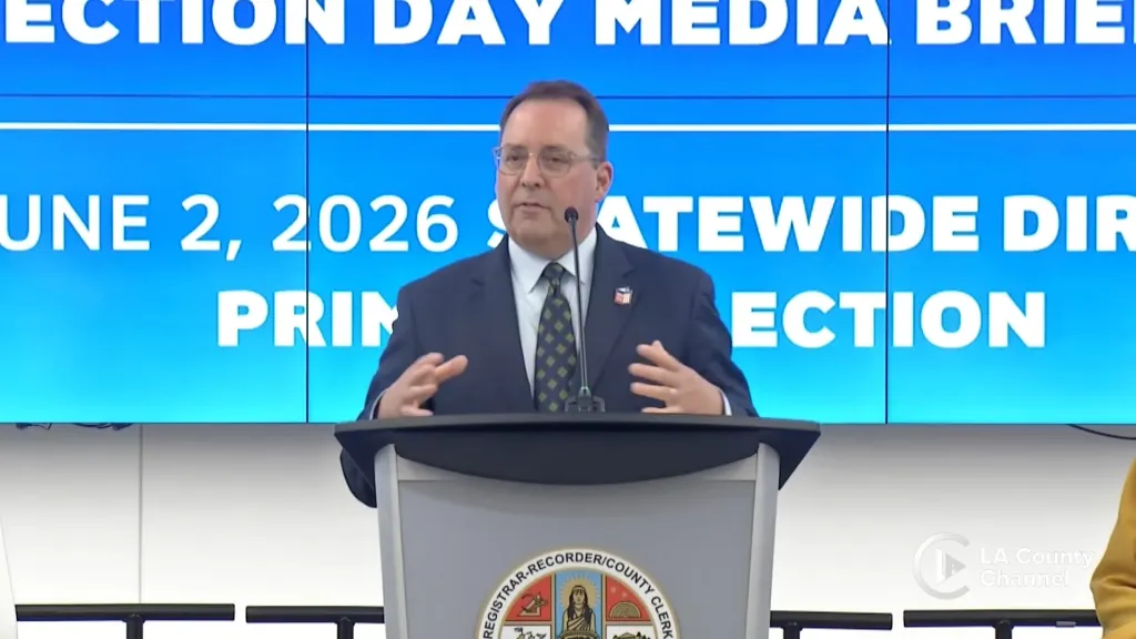 Dean Logan speaking at the L.A. County Election Day Media Briefing for the June 2, 2026 Primary Election.