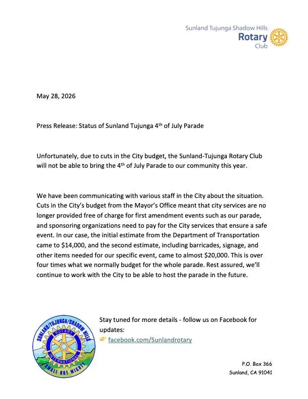 Press release from Sunland-Tujunga Rotary Club announcing the cancellation of the 4th of July parade due to city budget cuts and increased costs for services.