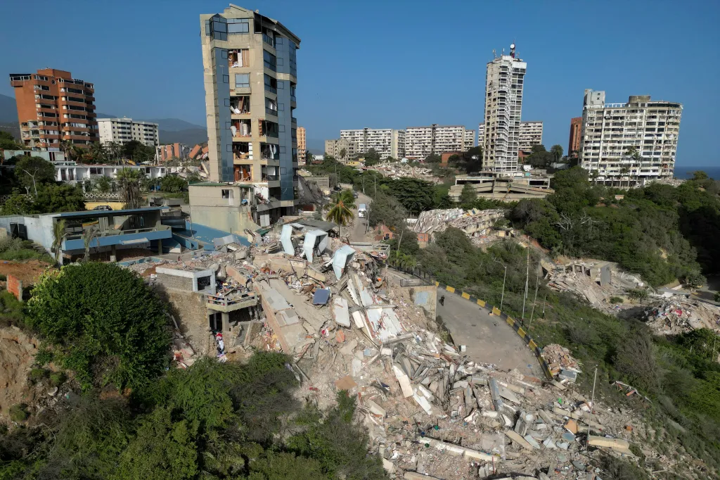 Aerial view of buildings collapsed by earthquakes in Catia La Mar, La Guaira state, Venezuela.