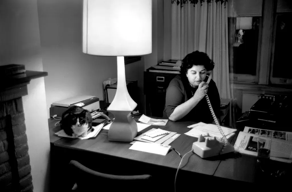 A woman in a dark top sits at a desk talking on a landline phone, with a tuxedo cat and a desk lamp beside her.