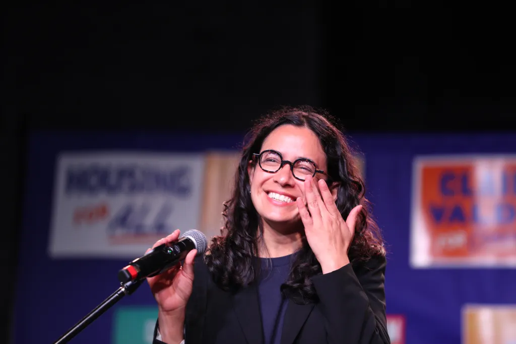 Claire Valdez speaks to supporters after winning her primary race on June 23, 2026.