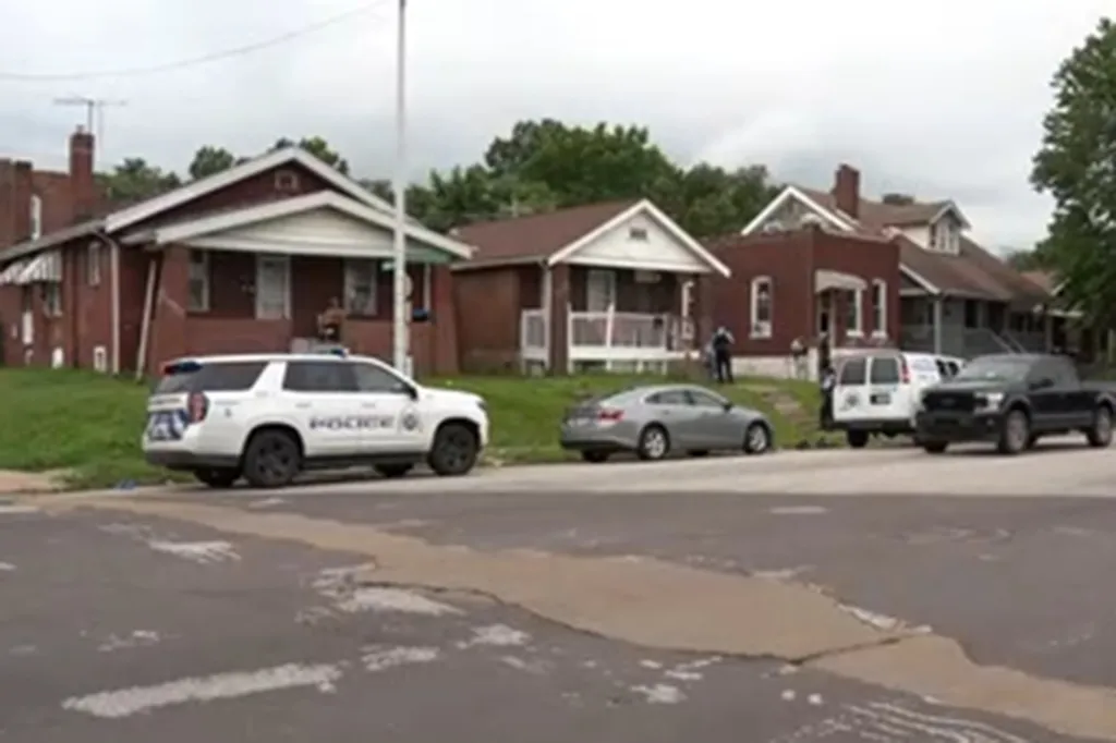 Police vehicles parked outside houses in St. Louis.