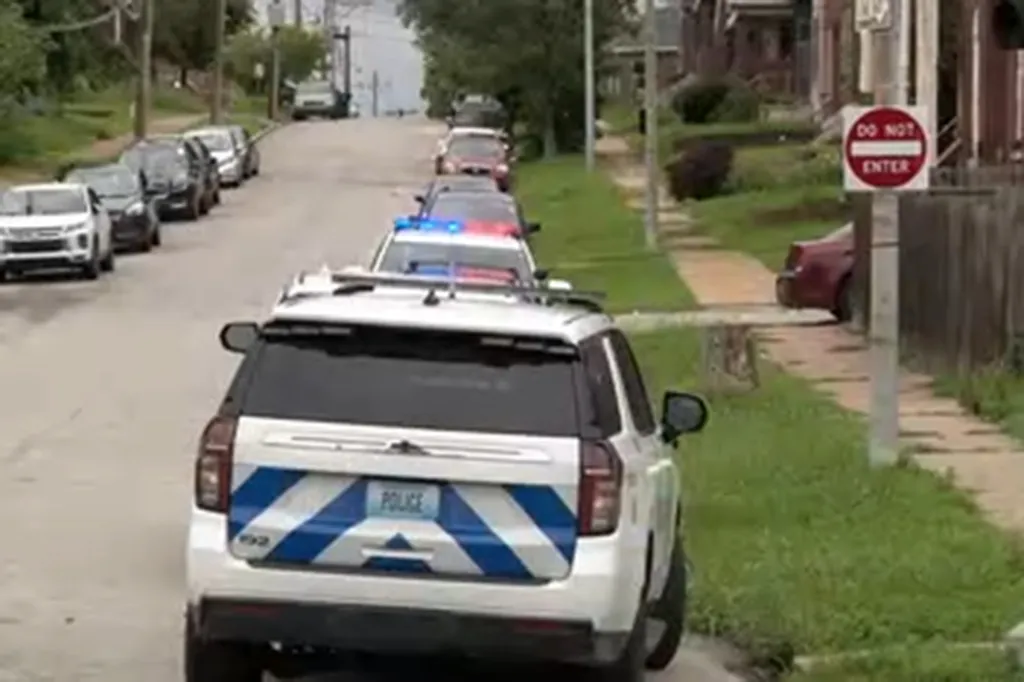 A street scene with multiple police vehicles, including one with flashing lights, and other cars parked along the curb.