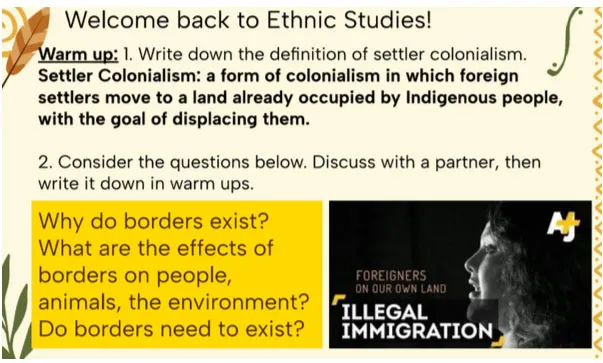 A presentation slide for an Ethnic Studies class defining 