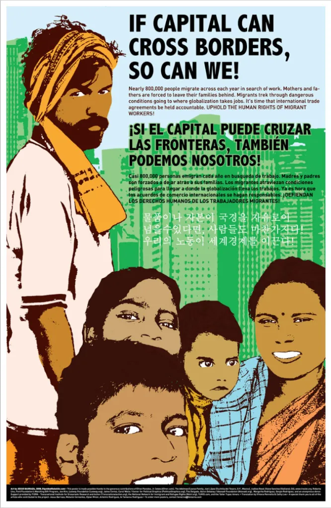Illustration of migrant workers with text in English, Spanish, and Korean stating, 