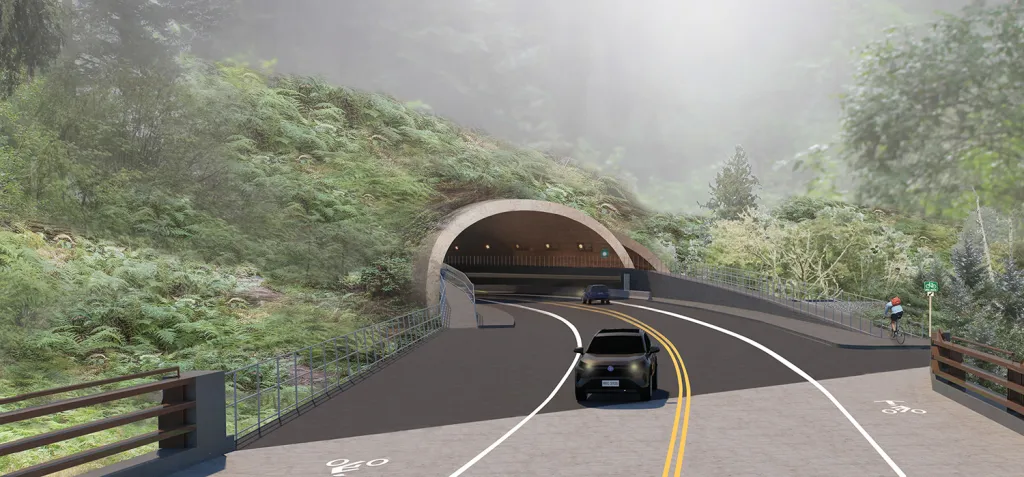 Illustration of a tunnel entrance on a road, with a car in the foreground and a bicyclist on a separate path to the right.