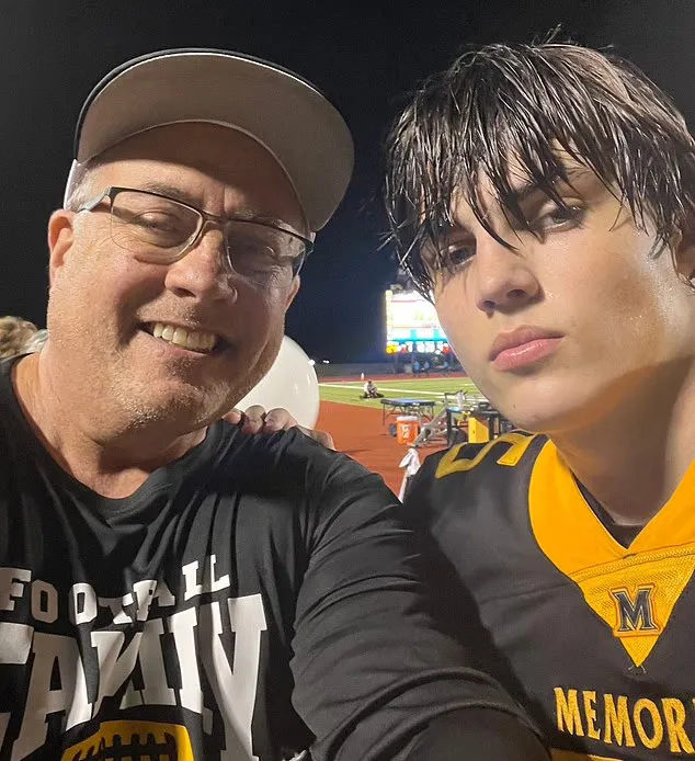 Jeff Metcalf with his son, who is wearing a football uniform.