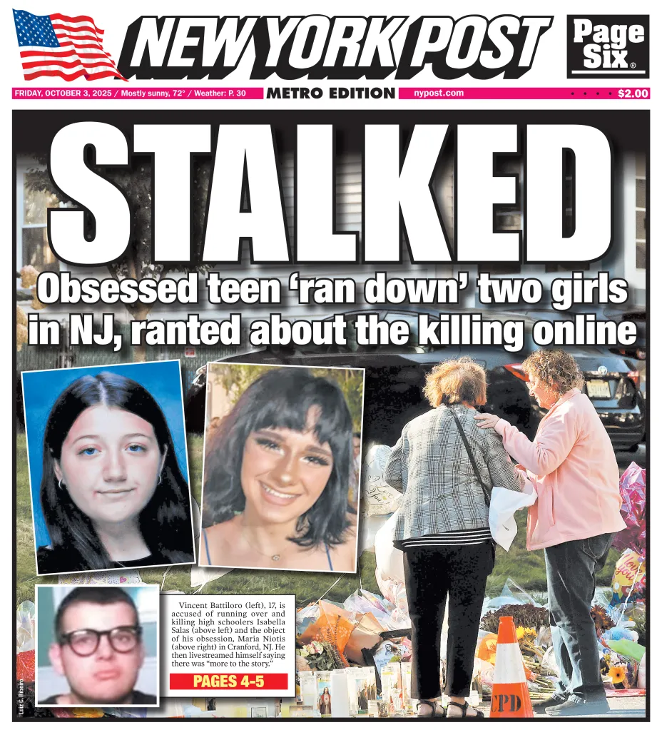 The New York Post front cover on Oct. 3, 2025.
