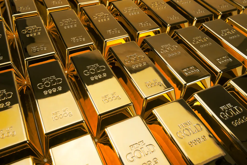 Illustration of an array of fine gold bars, each labeled 
