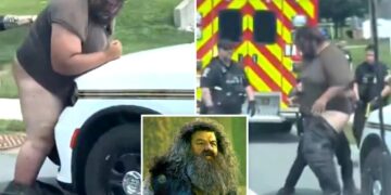 Bizarre moment Maryland police arrest giant suspect as his pants and underwear fall down in viral video