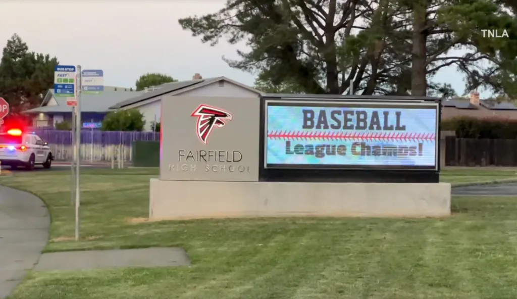 Fairfield High School sign with a digital display showing 