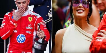 Lewis Hamilton blows kiss to Kim Kardashian after winning second place at Monaco Grand Prix 2026