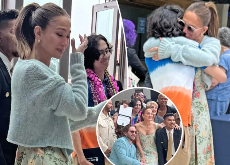 Jennifer Lopez wipes away tears at son Max’s graduation