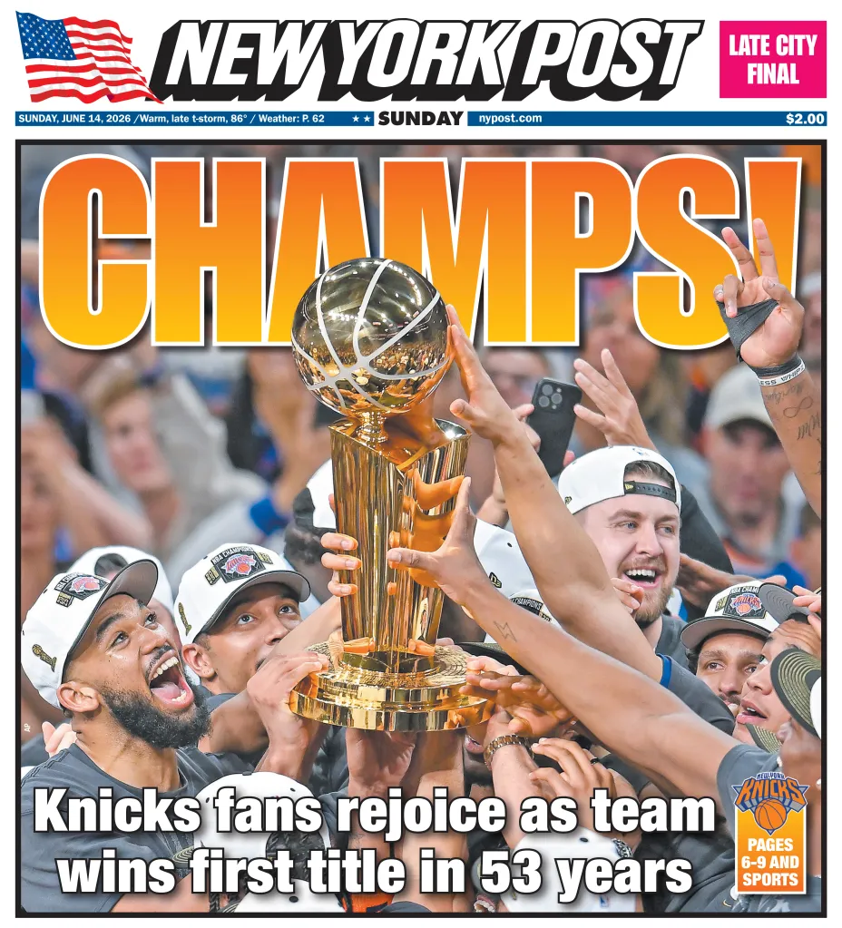 New York Post front page featuring Knicks fans celebrating their first championship in 53 years, holding the golden NBA Finals trophy.