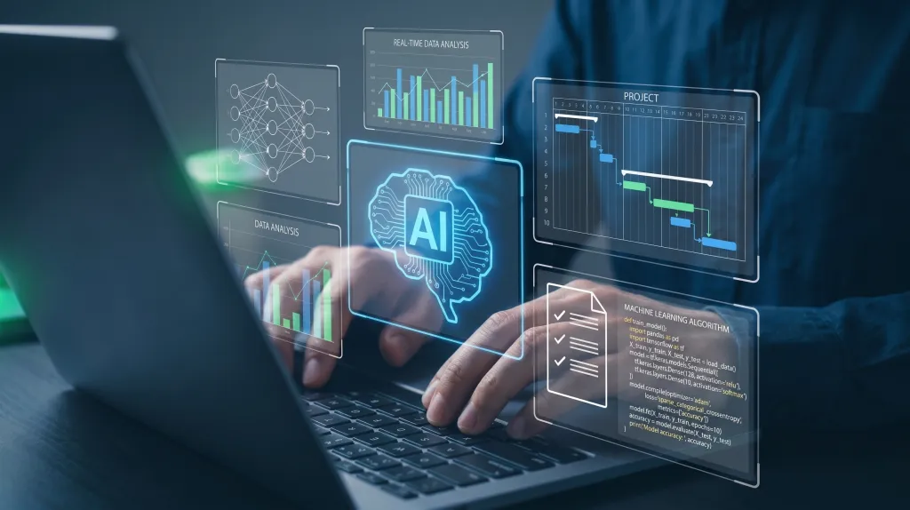 A person using a laptop with holographic overlays of AI symbols, data analysis, a project timeline, and machine learning code.