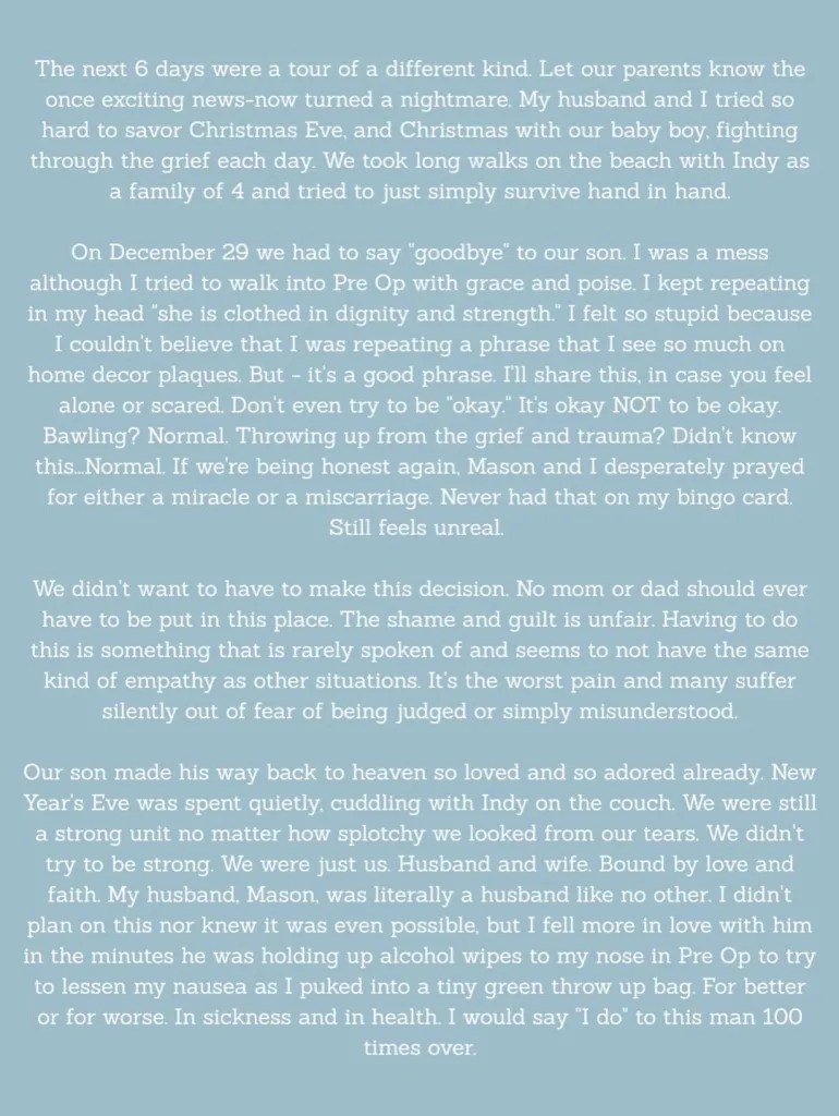 A white page with gray text detailing a family's grief after losing their son.