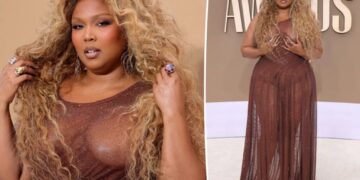 Lizzo goes daringly bare in sheer brown dress for BET Awards