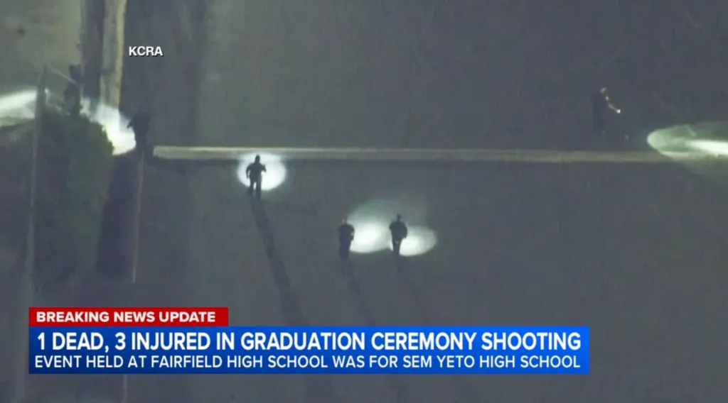 Overhead shot of police investigating a shooting at a high school graduation ceremony.