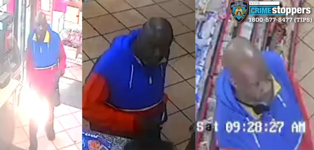 Collage of three surveillance images of a man in a blue and red hoodie.