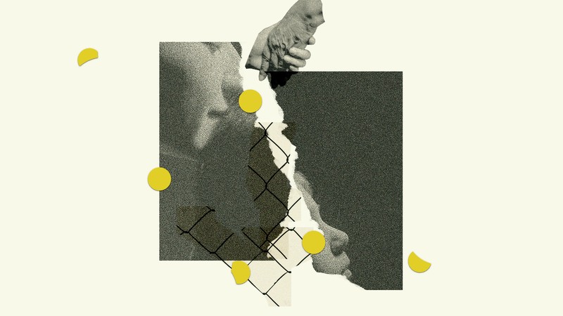 Collage of a photo torn in half, with one face in a each half and a chain link fence between them.