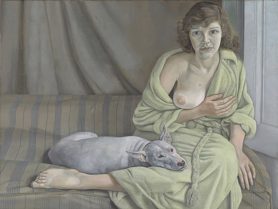 painting of woman sitting in robe with one breast exposed and her hand over the other, with a grayish-white dog lying next to her and resting its head on her leg