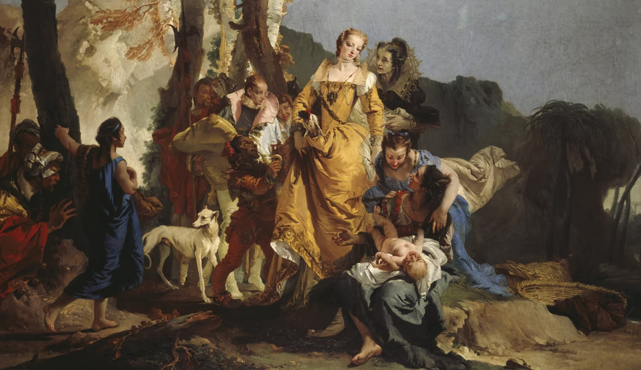 oil painting in Baroque style with elaborately dressed women discovering baby