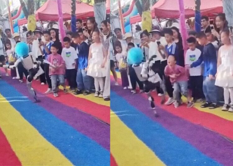 Robot in Clown Wig Roundhouse Kicks Small Child