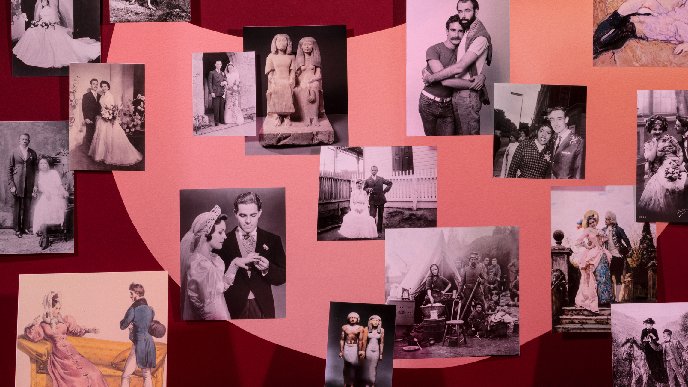 detail from collage of photos and drawings of couples in all different eras and combinations with overlapping rings in background