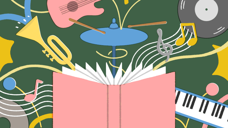 Animated instruments and squiggles coming out of the top of a book